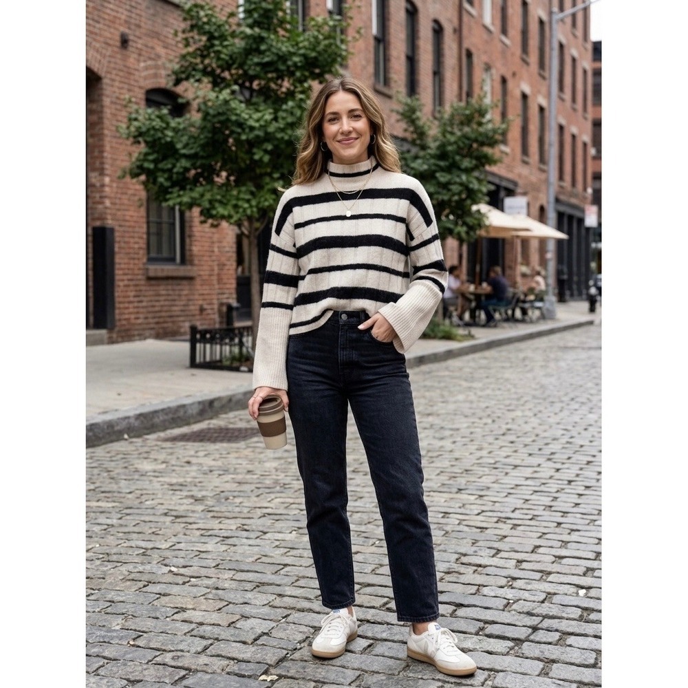Madewell Recycled Cashmere Wool Striped Mockneck Sweater Cream Black Small